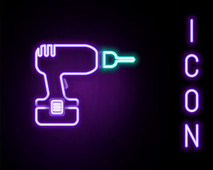 Glowing neon line Drill machine icon isolated on black background. Colorful outline concept. Vector.