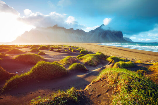 Majestic landscape on sunny day. Location Stokksnes cape, Vestrahorn (Batman Mount), Iceland.