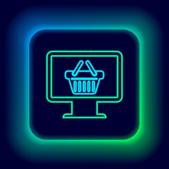 Glowing neon line Computer monitor with shopping basket icon isolated on black background. Online Shopping cart. Supermarket basket symbol. Colorful outline concept. Vector.