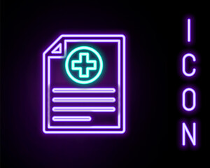 Glowing neon line Medical clipboard with clinical record icon isolated on black background. Health insurance form. Prescription, medical check marks report. Colorful outline concept. Vector.