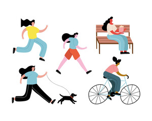 group of girls practicing activities characters