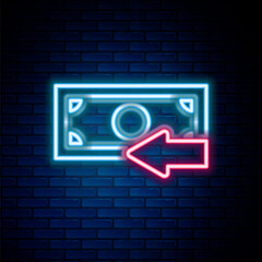 Glowing neon line Cash back icon isolated on brick wall background. Financial services, money refund, return on investment, savings account, currency exchange. Colorful outline concept. Vector.