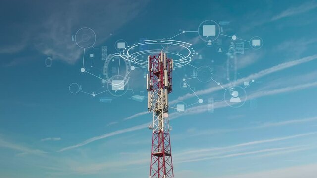 Internet of things blockchain concept, telecommunication 5G transmission tower
