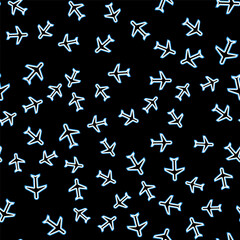 Line Plane icon isolated seamless pattern on black background. Flying airplane icon. Airliner sign. Vector.