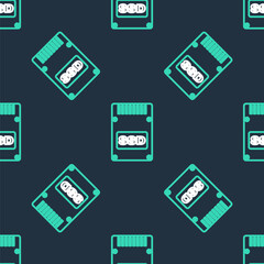 Line SSD card icon isolated seamless pattern on black background. Solid state drive sign. Storage disk symbol. Vector.
