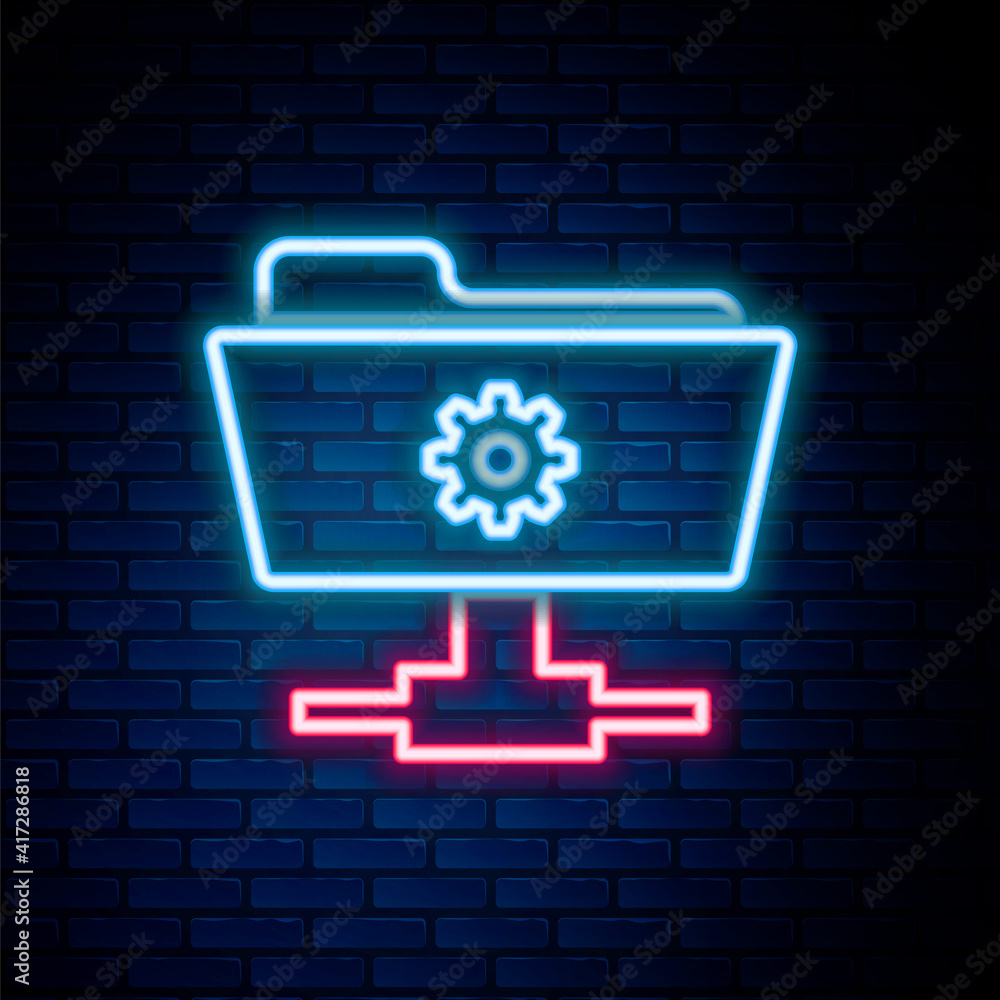 Poster glowing neon line ftp settings folder icon isolated on brick wall background. software update, trans
