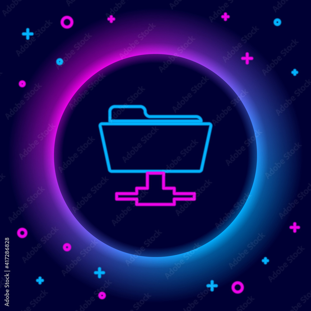 Poster glowing neon line ftp folder icon isolated on black background. software update, transfer protocol, 