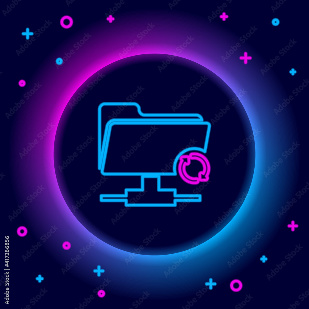 Poster glowing neon line ftp sync refresh icon isolated on black background. software update, transfer prot