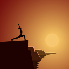 A woman does yoga on the beach. Silhouette against the sunset. Vector illustration