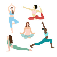 Slim women do yoga, Pilates, fitness. Isolated on a white background. For poster, sticker, T-shirt, design. Vector illustration