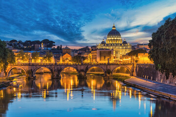 Fototapeta na wymiar Rome Vatican Italy, sunset city skyline at St. Peter's Basilica and Tiber River