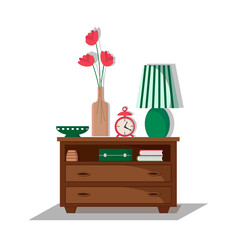Illustration of interior bedside table with vase, flowers and books. Vector illustration. Modern design for use in the design of brochures, flyers, advertisements.