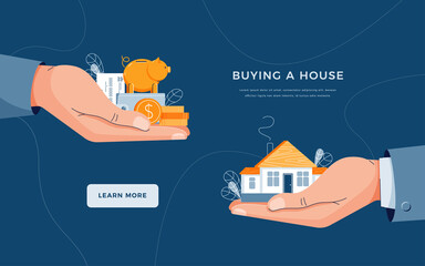 Buy a house landing page template. Seller gives house to customer. Buyer brings money for home purchase dealing. Deal sale, mortgage, real estate property for web site design. Flat vector illustration