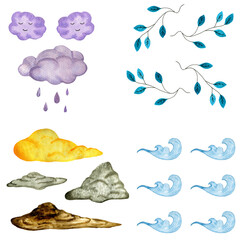 Watercolor set of natural textures and icons