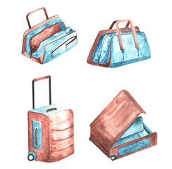 Watercolor set of travel bags and suitcases