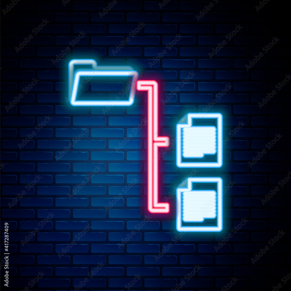 Poster glowing neon line folder tree icon isolated on brick wall background. computer network file folder o