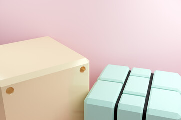 Minimal scene yellow steel block, green brick block on pink background. Geometric shape.3D rendering.Use For Product Showcase.
