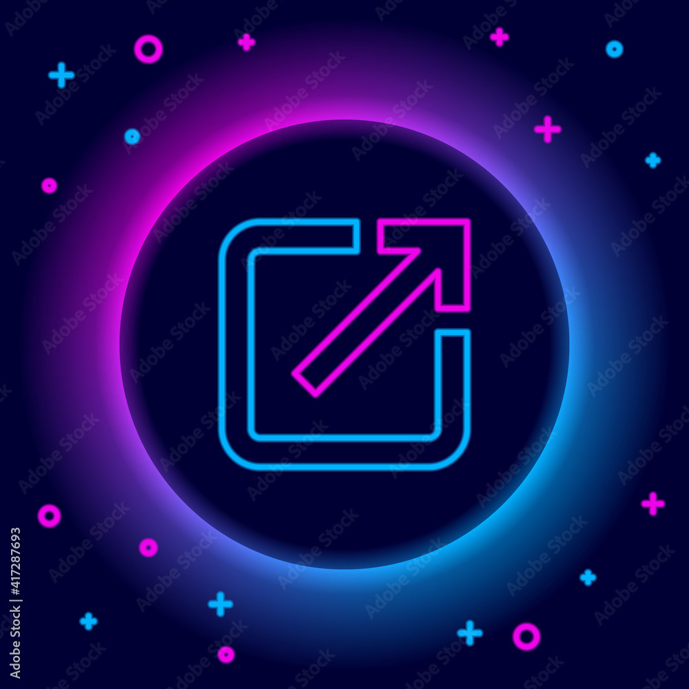 Poster glowing neon line open in new window icon isolated on black background. open another tab button sign