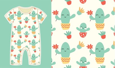 Baby Jumpsuit with cactus pattern. seamless pattern for baby. © didaku