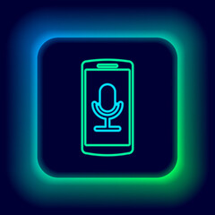Glowing neon line Mobile recording icon isolated on black background. Mobile phone with microphone. Voice recorder app smartphone interface. Colorful outline concept. Vector.