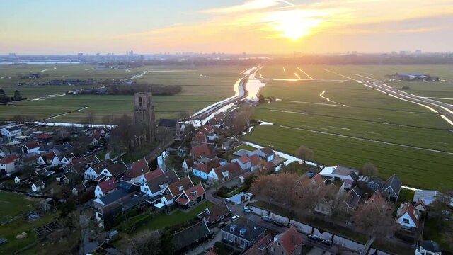 Aerial view of Ransdorp a small countryside village near Amsterdam.