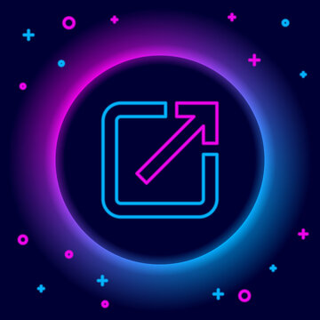 Glowing neon line Open in new window icon isolated on black background. Open another tab button sign. Browser frame symbol. External link sign. Colorful outline concept. Vector.