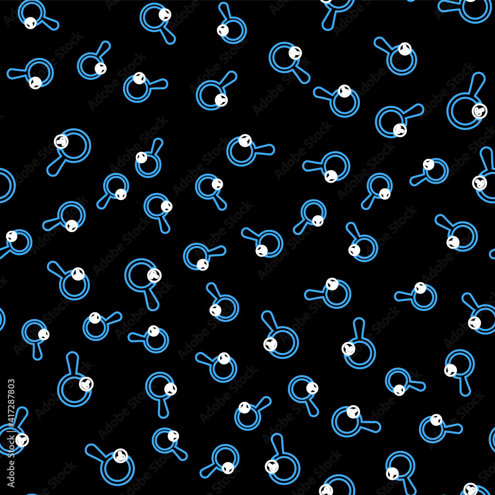 Poster line unknown search icon isolated seamless pattern on black background. magnifying glass and questio