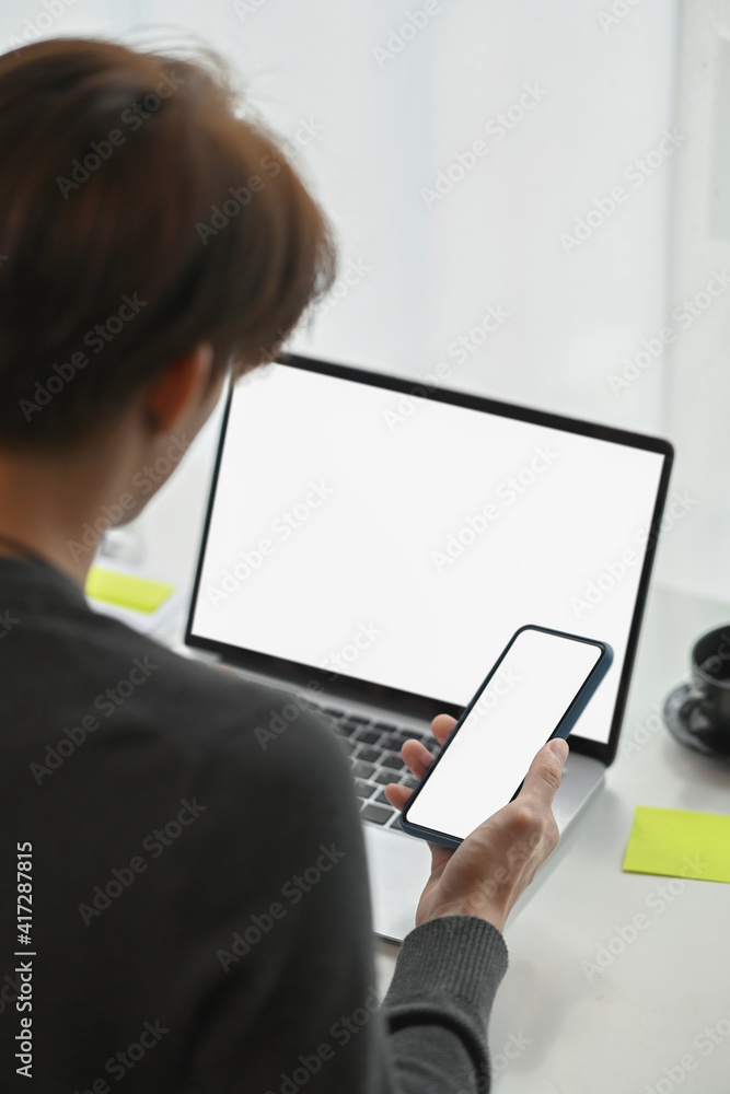 Poster rear view of young man working with laptop computer and using mobile phone.
