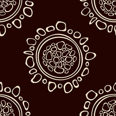 Australian aboriginal seamless pattern with circles, crooked stripes, isolated on brown background. Endless stylish texture. Ethnic texture. Vector color background.