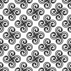 Abstract seamless pattern. Repeating decorative elements, swirling shapes, swastika, ornament. Vector monochrome background.