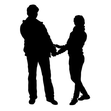 Vector silhouettes of people isolated. A loving couple guy and a girl stand holding hands. Man and woman in demi-season clothing. Young man and woman are standing side by side. Hold the hand.