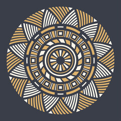 Abstract circular ornament. Ethnic mandala. Stylized sun symbol. Rosette of geometric elements. Tribal ethnic motif. Print. Round color pattern. Decorative vector design element.
