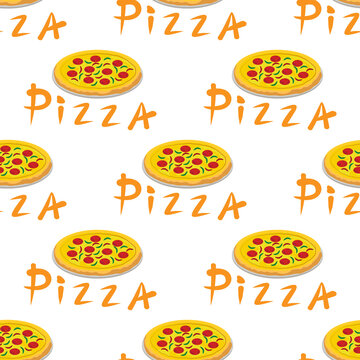 Seamless pizza pattern with different ingredients. Vector.