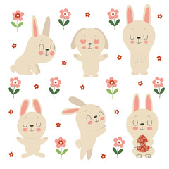 Set of cute Easter bunnies, flowers and decorated eggs on a white background. Traditional symbol of Easter. Funny animals in different poses.