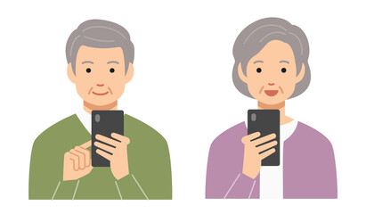 スマホを操作する笑顔の高齢者