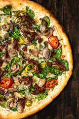 Tasty Pizza on Wooden Boards. Top Down Overhead View. Menu Brochure Layout Design.