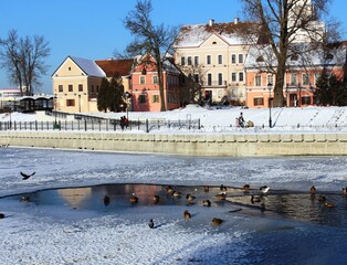 river in the city of winter. Minsk Belarus.
