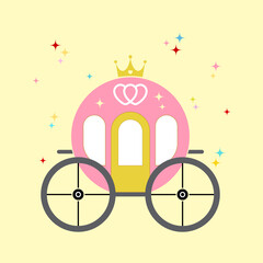 Princess carriage design, icon. Children's holiday or party decoration symbol. Vector illustration on a gold background.