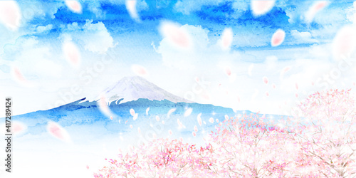 富士山 桜 水彩 背景 Wall Mural Wallpaper Murals J Boy