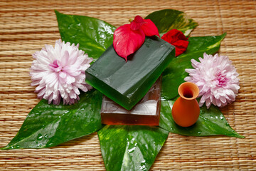 bar of natural handmade soap from indian  natural ingredients with  flower