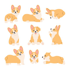 Kawaii corgi stickers set, happy little fun pets with smiling cute face, sitting, standing and lying in different poses. Puppy collection. Hand drawn trendy modern illustration in flat cartoon style