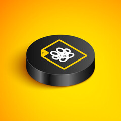 Isometric line Medical certificate for travel with dog or cat icon isolated on yellow background. Document for pet. Dog or cat paw print. Black circle button. Vector.