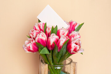 Bouquet of fresh red-white tulips with a card for your text. Gift for romantic date. Tender spring flowers. Bunch of tulips for Mother's Day, March 8, birthday