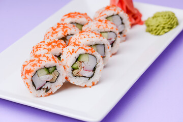 Maki Sushi - Roll made of smoked salmon and cream cheese. Traditional Japanese cuisine concept,...