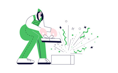 Young woman opened huge gift with surprise . Giving gifts for a holiday concept isolated on white in modern outline minimalist design. Flat Art Vector Illustration.