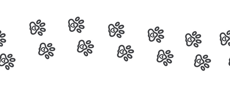Chain of footprints of cats or dogs. Seamless border track paws with hearts. Line vector illustration in doodle style.