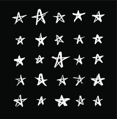 Vector art illustration grunge stars. Set of hand drawn paint object snowflakes for design.  Black and white  shine background. Abstract brush drawing