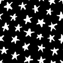 Vector art illustration grunge stars. Set of hand drawn paint object snowflakes for design.  Black and white  shine background. Abstract brush drawing