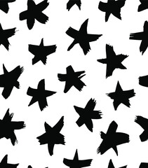 Vector art illustration grunge stars. Set of hand drawn paint object snowflakes for design.  Black and white  shine background. Abstract brush drawing