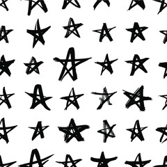 Obraz premium Vector art illustration grunge stars. Set of hand drawn paint object snowflakes for design. Black and white shine background. Abstract brush drawing